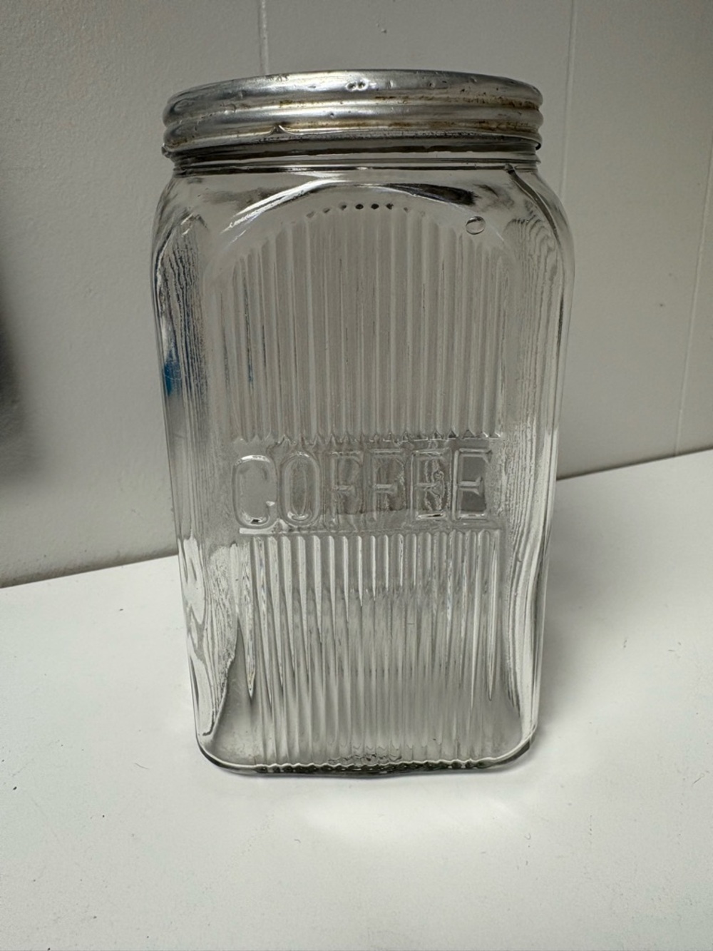 Antique Square Glass Ribbed Hoosier COFFEE Jar with Metal lid - Picture 1 of 7